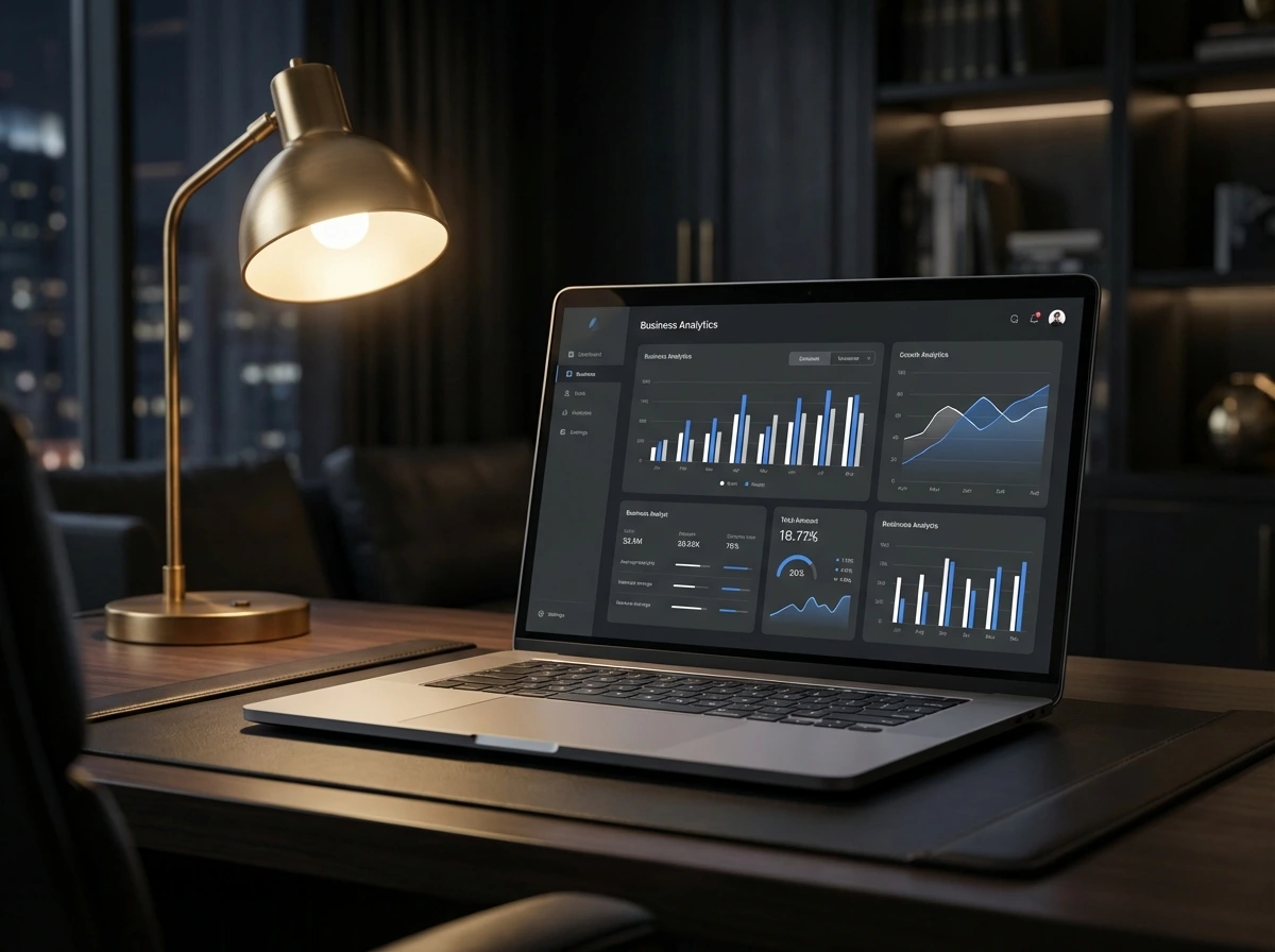 Weboldal látogatottsági statisztika és növekedési grafikon egy laptop képernyőjén